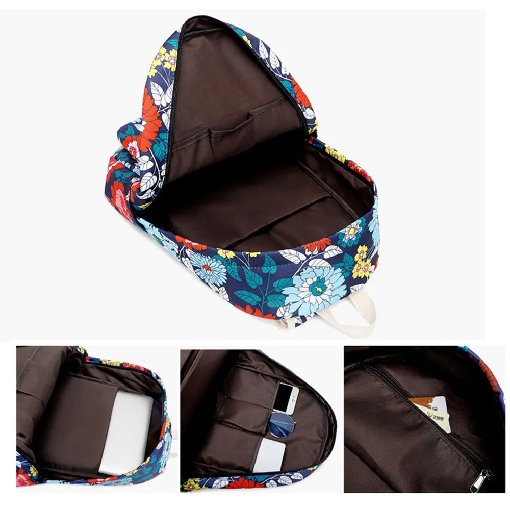 Nylon Backpack Set 3 Pieces Floral Backpack Schoolbag Girl Waterproof Travel Bag with Lunch Bag