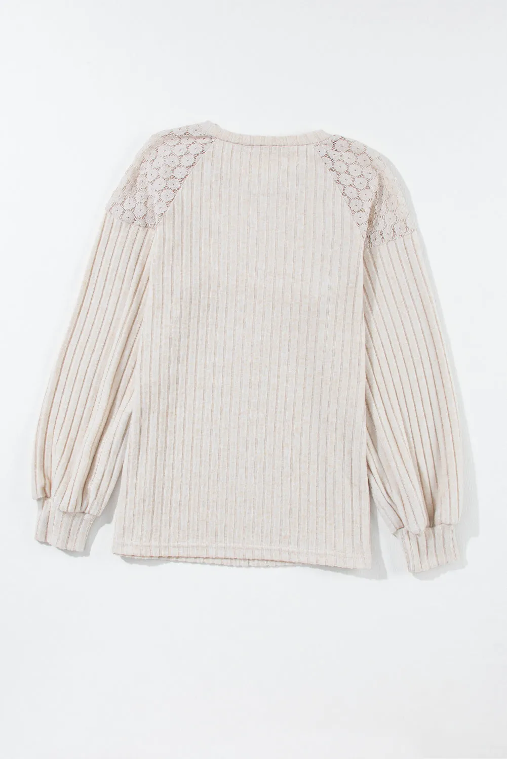 Parchment Contrast Lace Raglan Sleeve Buttoned Ribbed Top