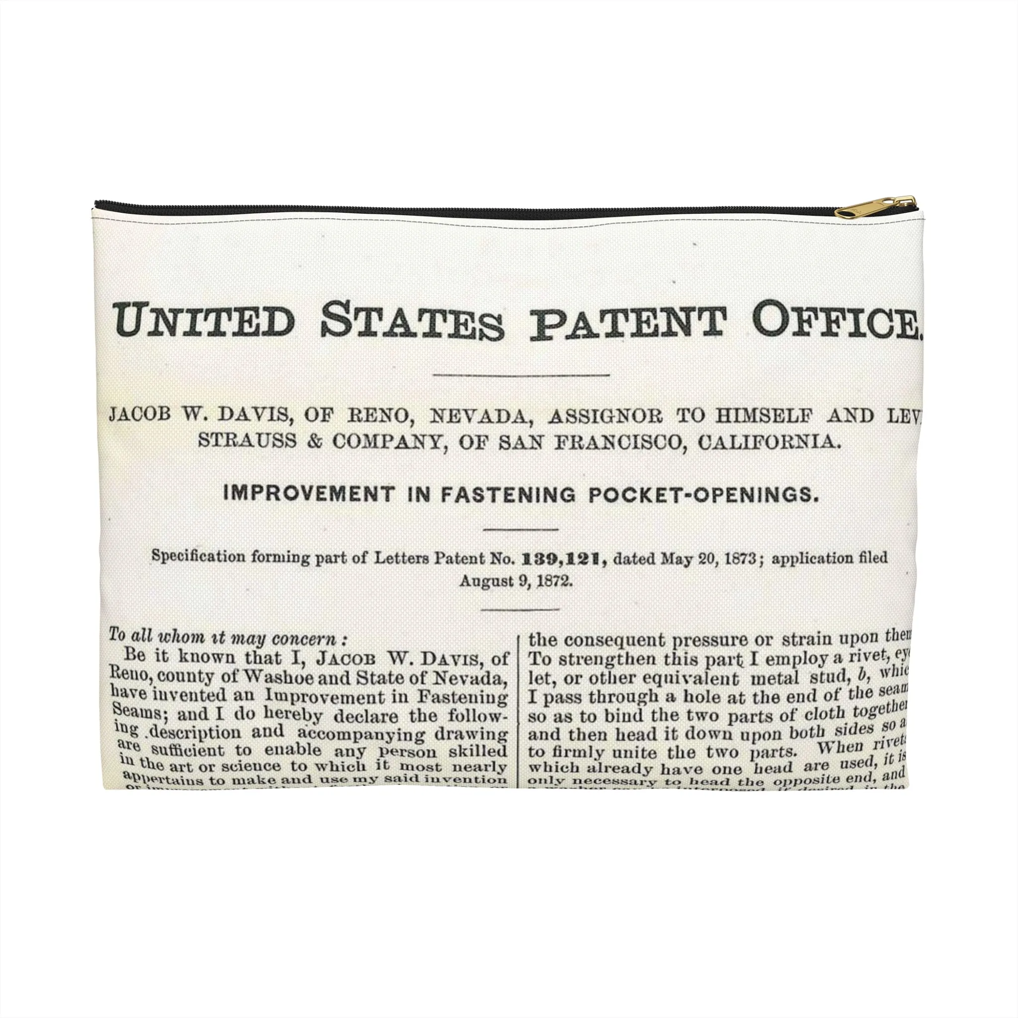 Patent Case File No. 139,121, Improvement in Fastening Pocket Openings, Inventor- Jacob W. Davis - DPLA - afb017b06366ded5b3d9735cb413b735 (page 29) Large Organizer Pouch with Black Zipper