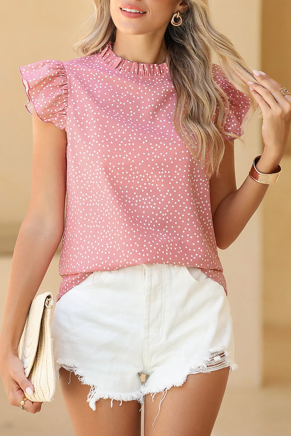 Pink Polka Dot Frilled Neck Ruffle Trim Blouse