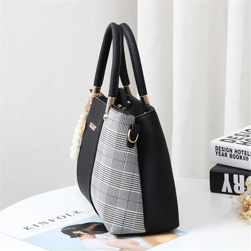 Popular Patchwork Women Shoulder Bag Elegant Female Plaid Crossbody Bags Top-Handle Hand Tote with pendant hanging