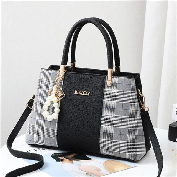 Popular Patchwork Women Shoulder Bag Elegant Female Plaid Crossbody Bags Top-Handle Hand Tote with pendant hanging