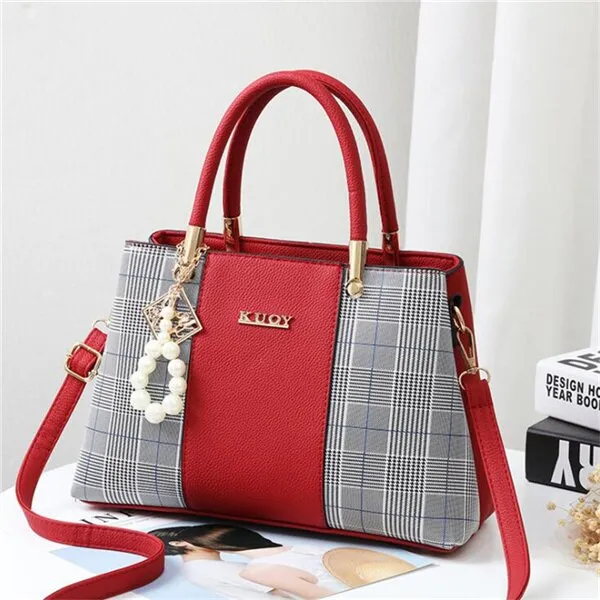 Popular Patchwork Women Shoulder Bag Elegant Female Plaid Crossbody Bags Top-Handle Hand Tote with pendant hanging