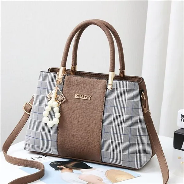 Popular Patchwork Women Shoulder Bag Elegant Female Plaid Crossbody Bags Top-Handle Hand Tote with pendant hanging