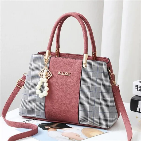 Popular Patchwork Women Shoulder Bag Elegant Female Plaid Crossbody Bags Top-Handle Hand Tote with pendant hanging