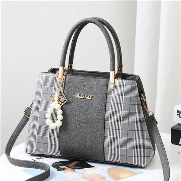 Popular Patchwork Women Shoulder Bag Elegant Female Plaid Crossbody Bags Top-Handle Hand Tote with pendant hanging
