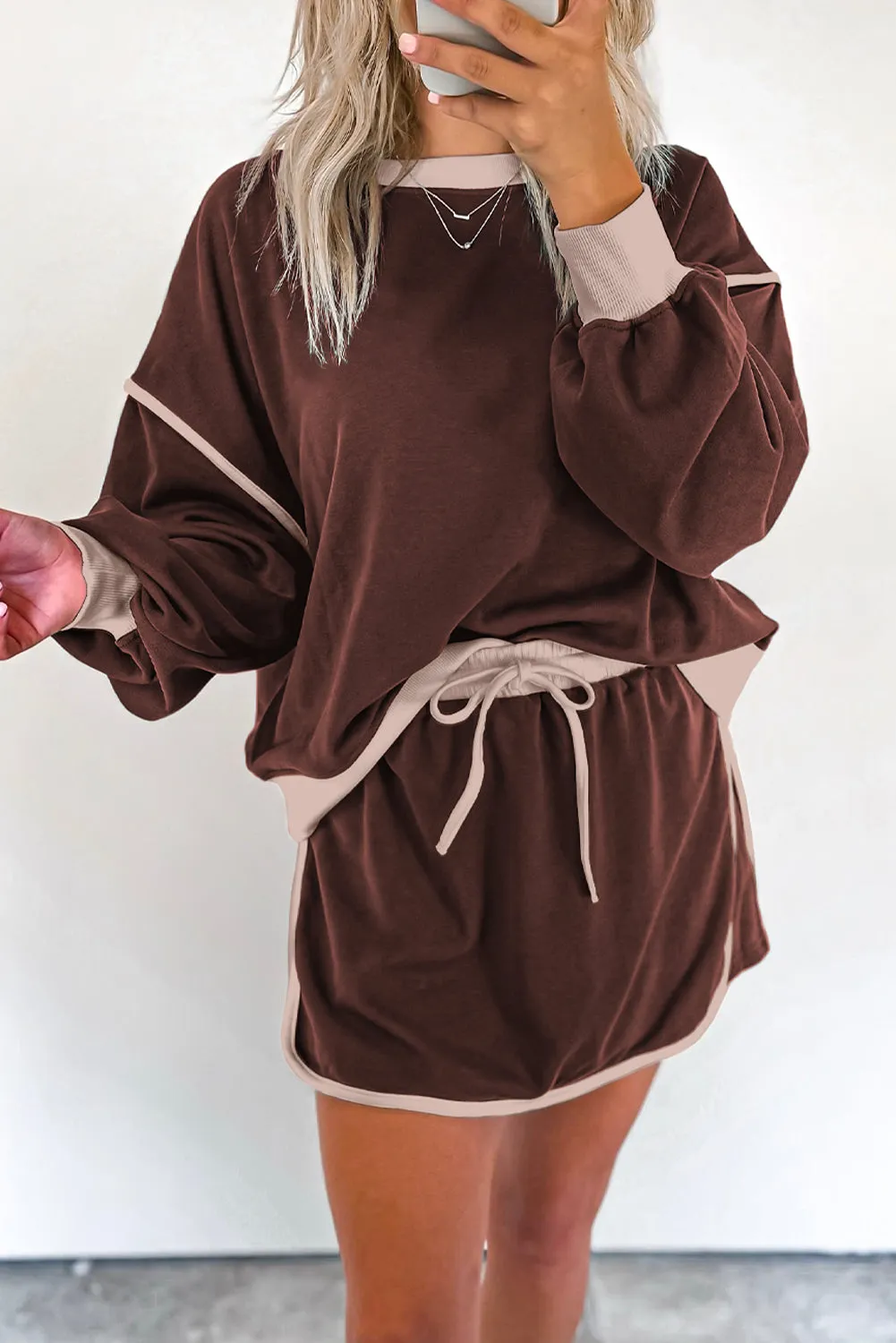 Rose Red Contrast Trim Loose Pullover and Lace-up Waist Skirt Set