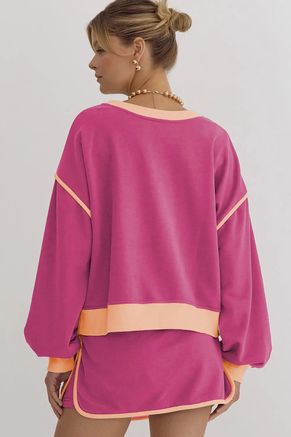 Rose Red Contrast Trim Loose Pullover and Lace-up Waist Skirt Set