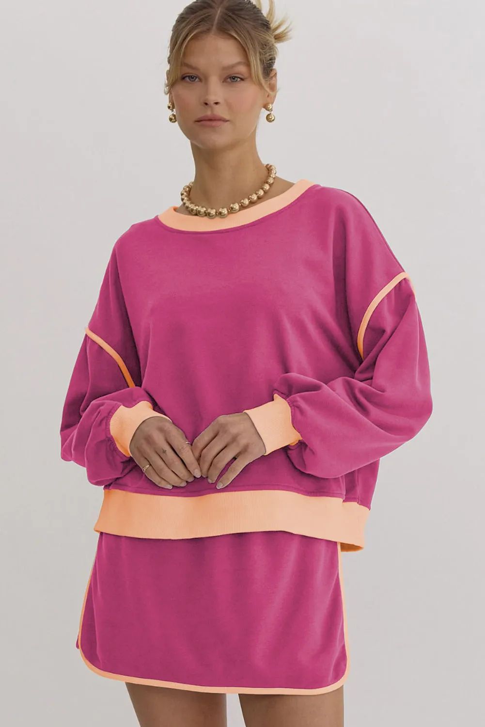 Rose Red Contrast Trim Loose Pullover and Lace-up Waist Skirt Set