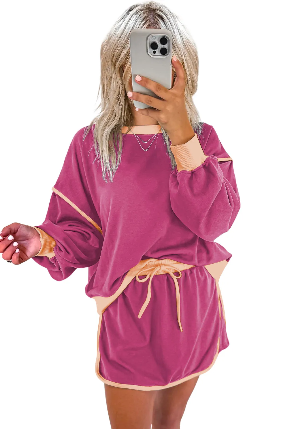 Rose Red Contrast Trim Loose Pullover and Lace-up Waist Skirt Set