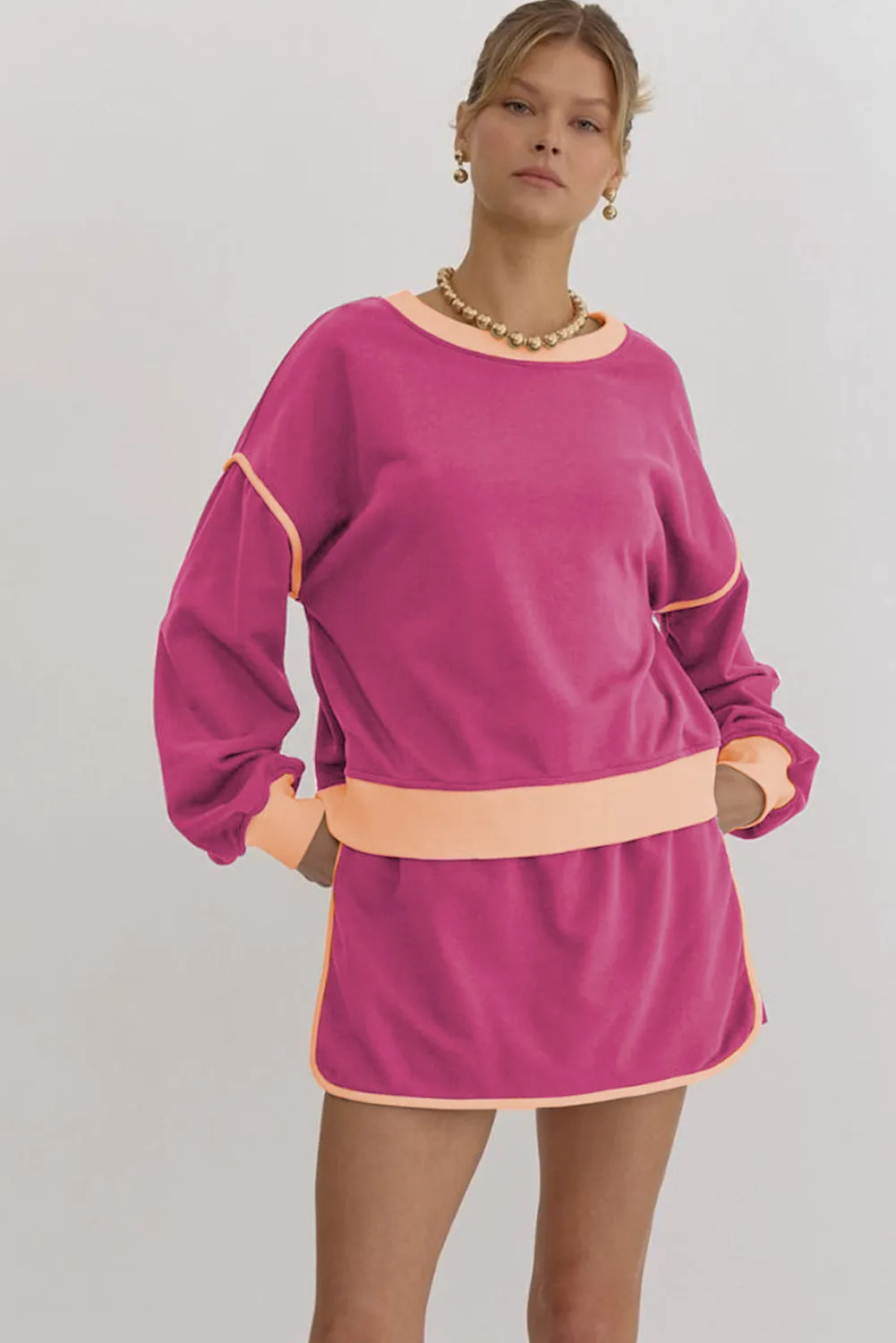 Rose Red Contrast Trim Loose Pullover and Lace-up Waist Skirt Set