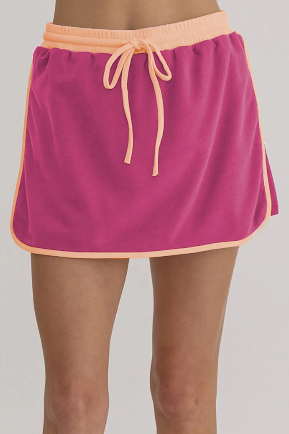 Rose Red Contrast Trim Loose Pullover and Lace-up Waist Skirt Set