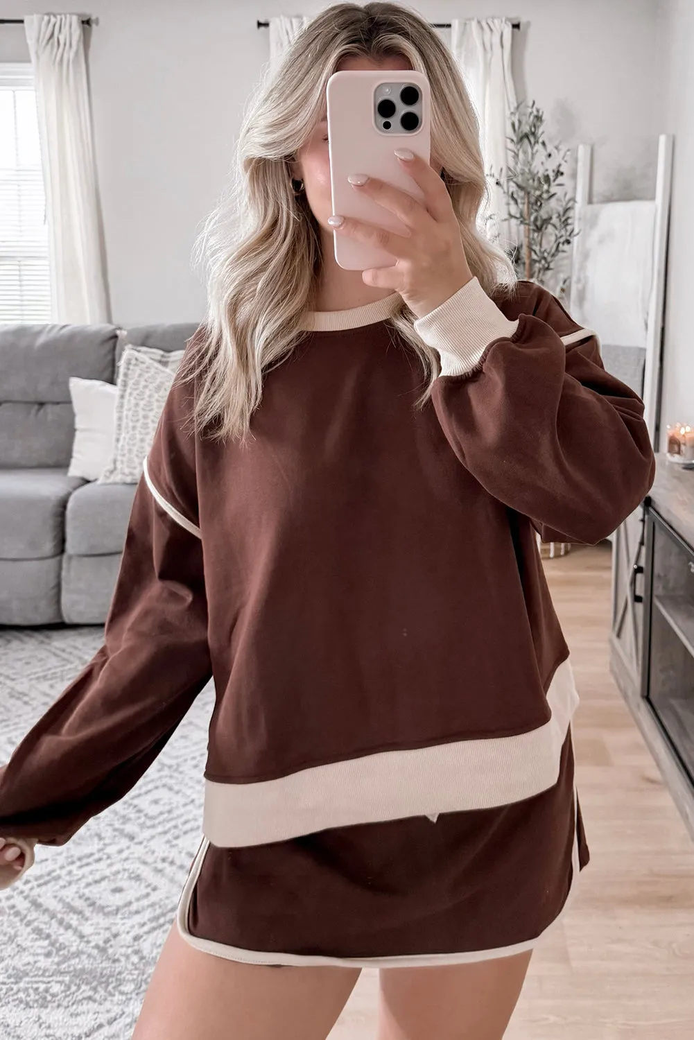 Rose Red Contrast Trim Loose Pullover and Lace-up Waist Skirt Set