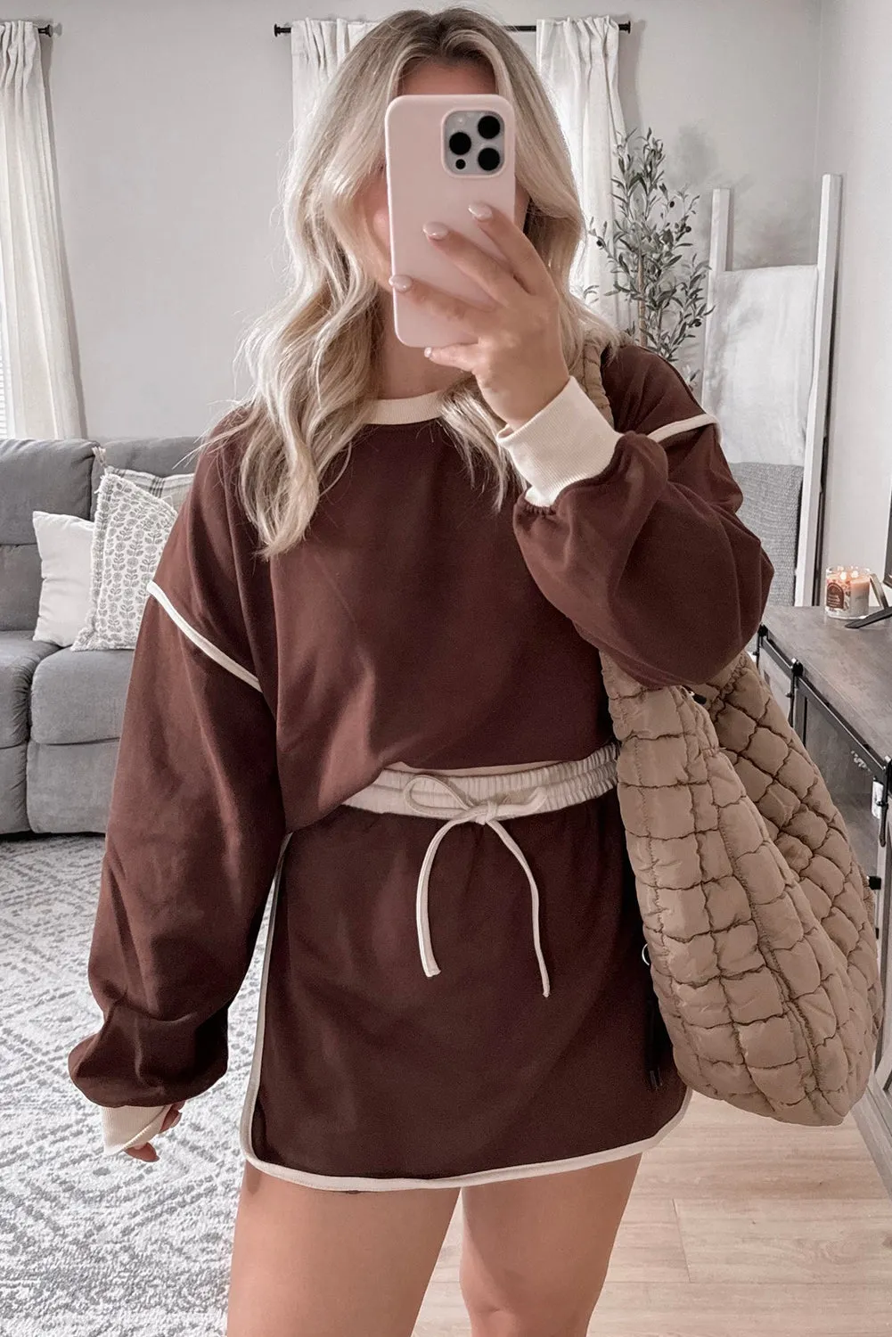 Rose Red Contrast Trim Loose Pullover and Lace-up Waist Skirt Set