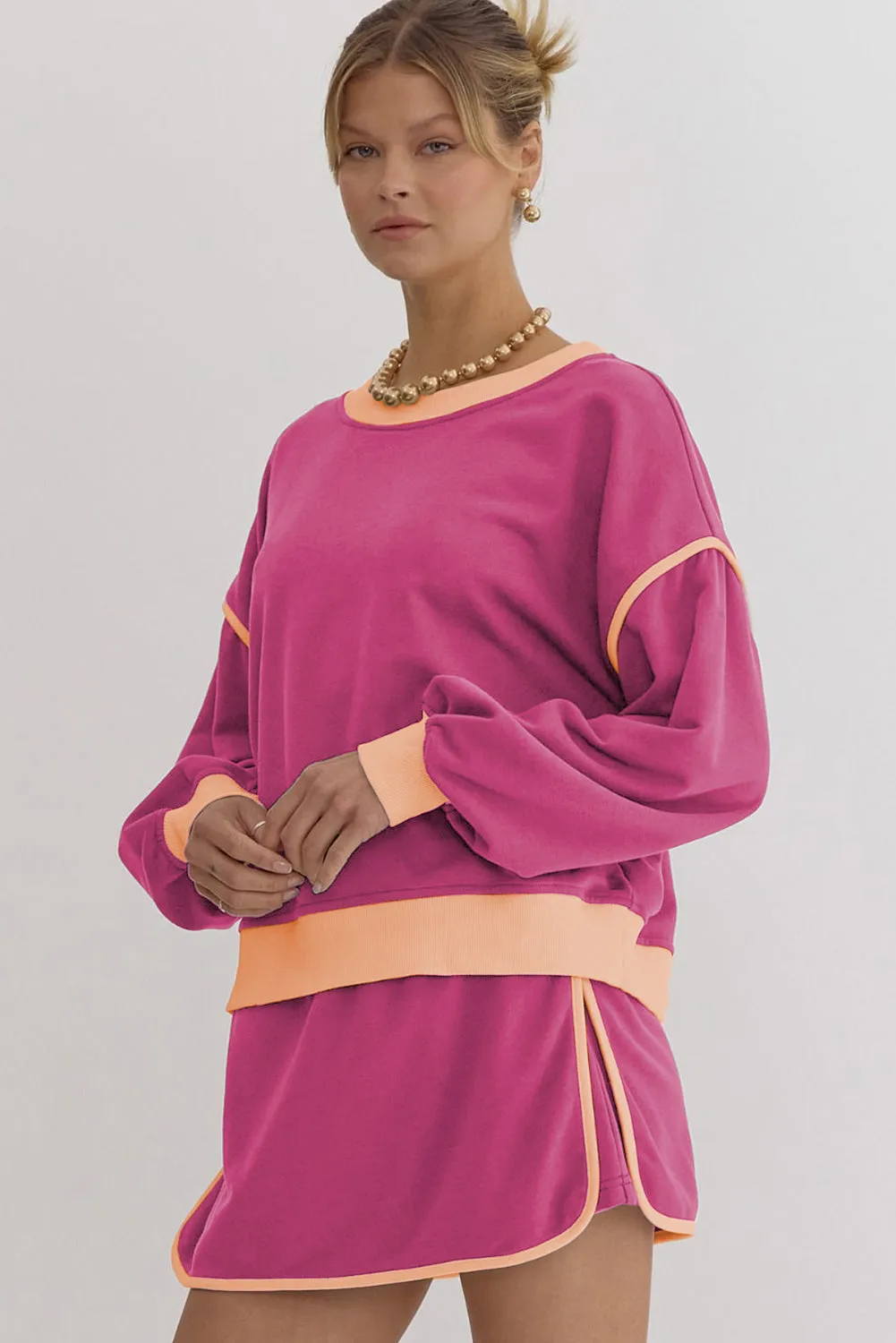 Rose Red Contrast Trim Loose Pullover and Lace-up Waist Skirt Set