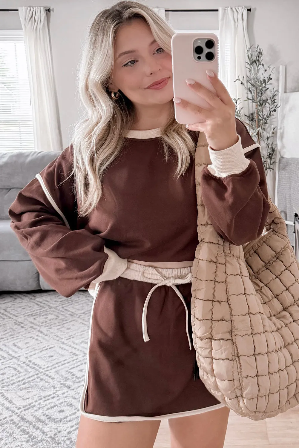 Rose Red Contrast Trim Loose Pullover and Lace-up Waist Skirt Set