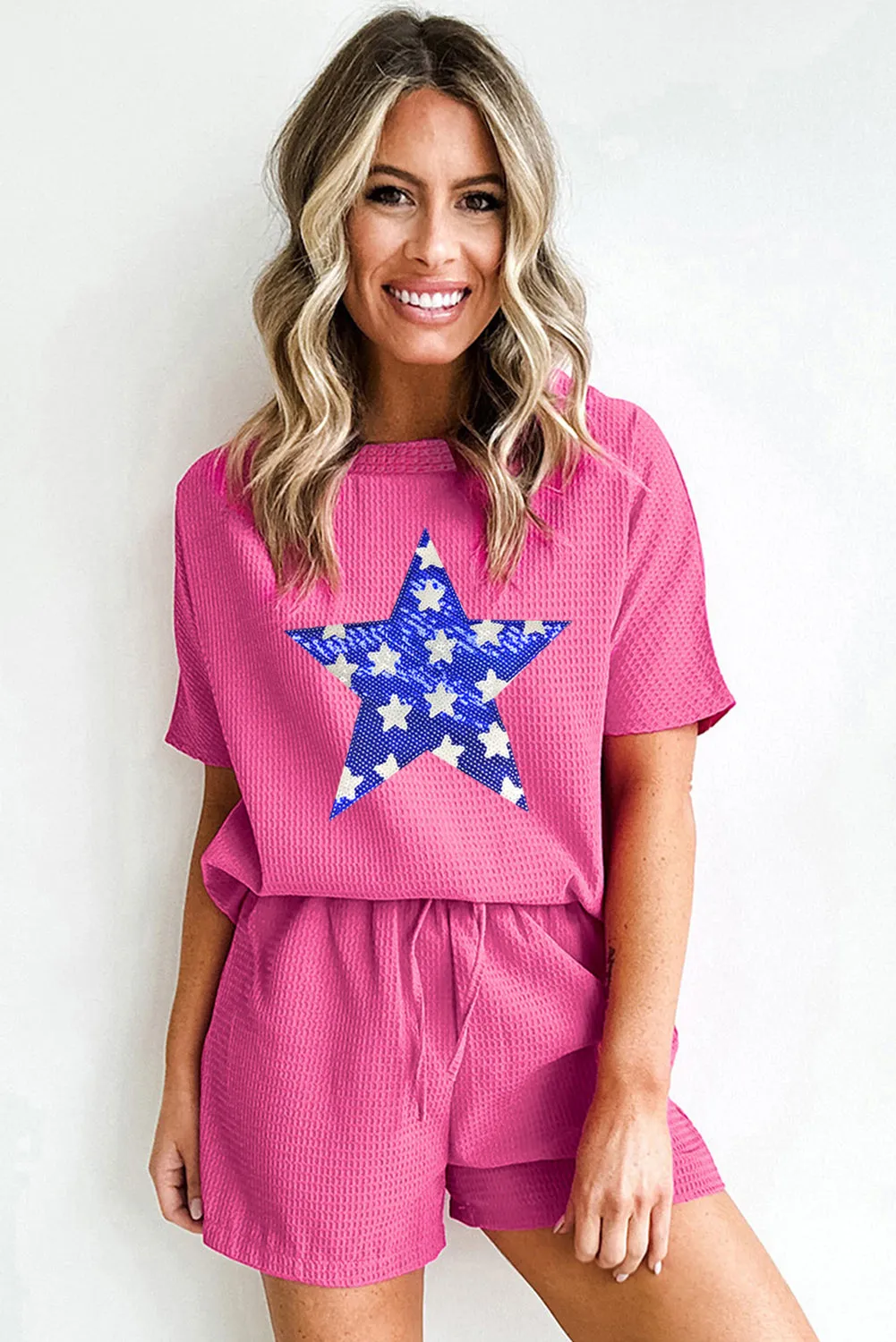 Rose Red Flag Day Sequin Star Waffle Knit Tee and Shorts Set