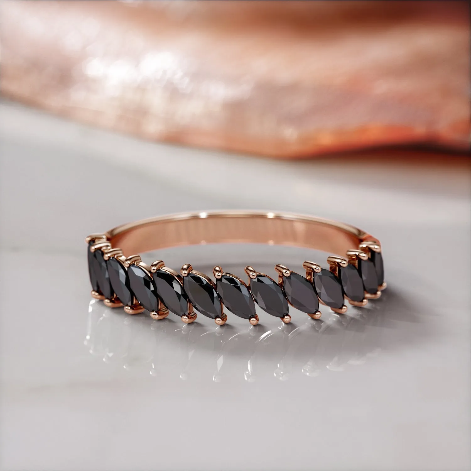 Selvina - Oriented Natural Black Diamond Wedding Band in Rose Gold