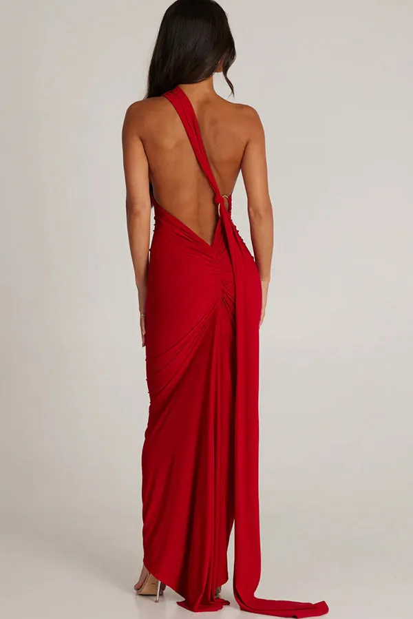 Sexy Backless Pleated Slim Solid Color Sleeveless Elegant Maxi Dress