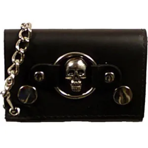 Skull Logo Genuine Leather Trifold Biker's Wallet ID Card Holder w/ Chain 1046-6 (C)
