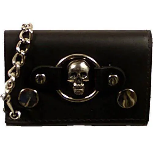 Skull Logo Genuine Leather Trifold Biker's Wallet ID Card Holder w/ Chain 1046-6 (C)