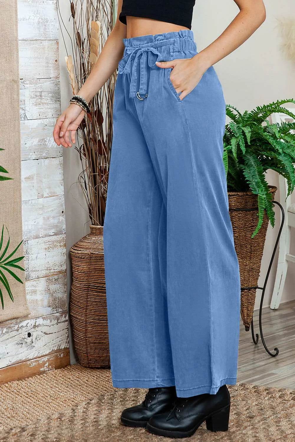Sky Blue High Waist Pocketed Wide Leg Tencel Jeans