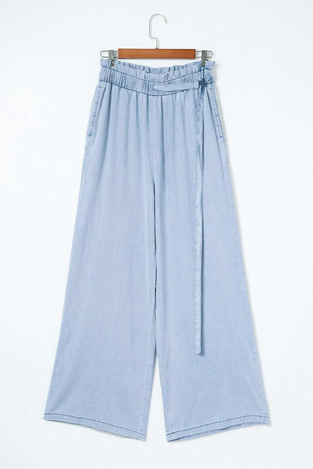 Sky Blue High Waist Pocketed Wide Leg Tencel Jeans