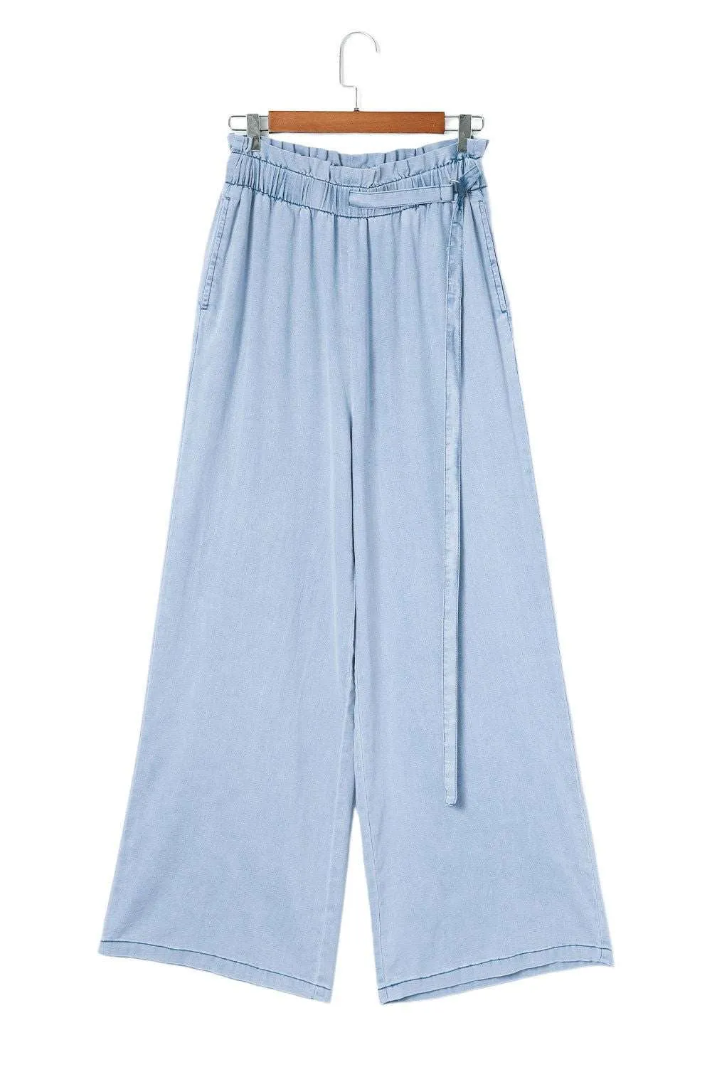 Sky Blue High Waist Pocketed Wide Leg Tencel Jeans