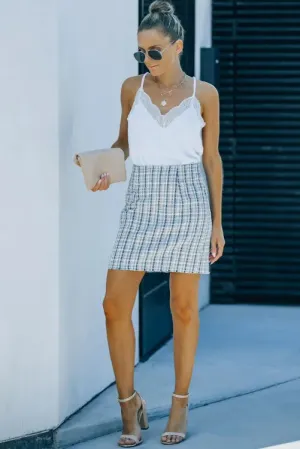 Sky Blue High Waist Tweed Plaid Mini Skirt