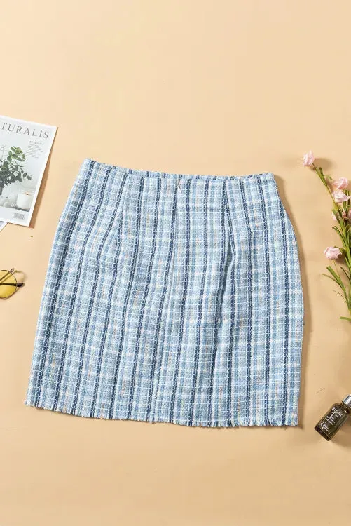 Sky Blue High Waist Tweed Plaid Mini Skirt