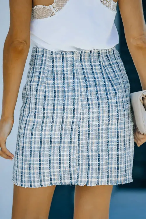 Sky Blue High Waist Tweed Plaid Mini Skirt