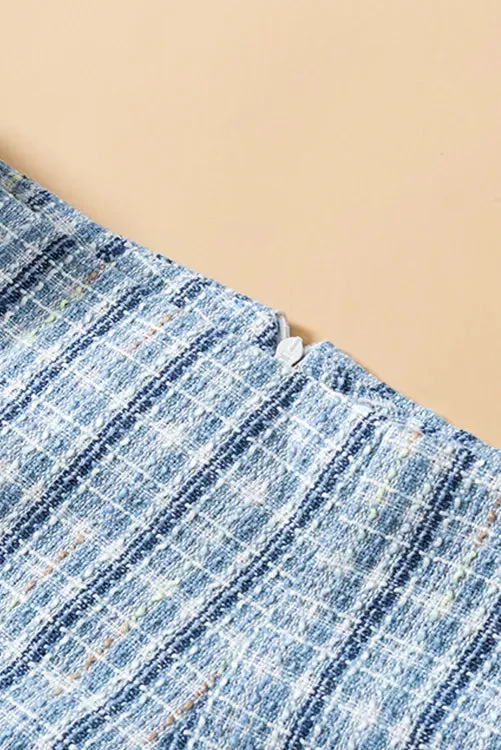 Sky Blue High Waist Tweed Plaid Mini Skirt