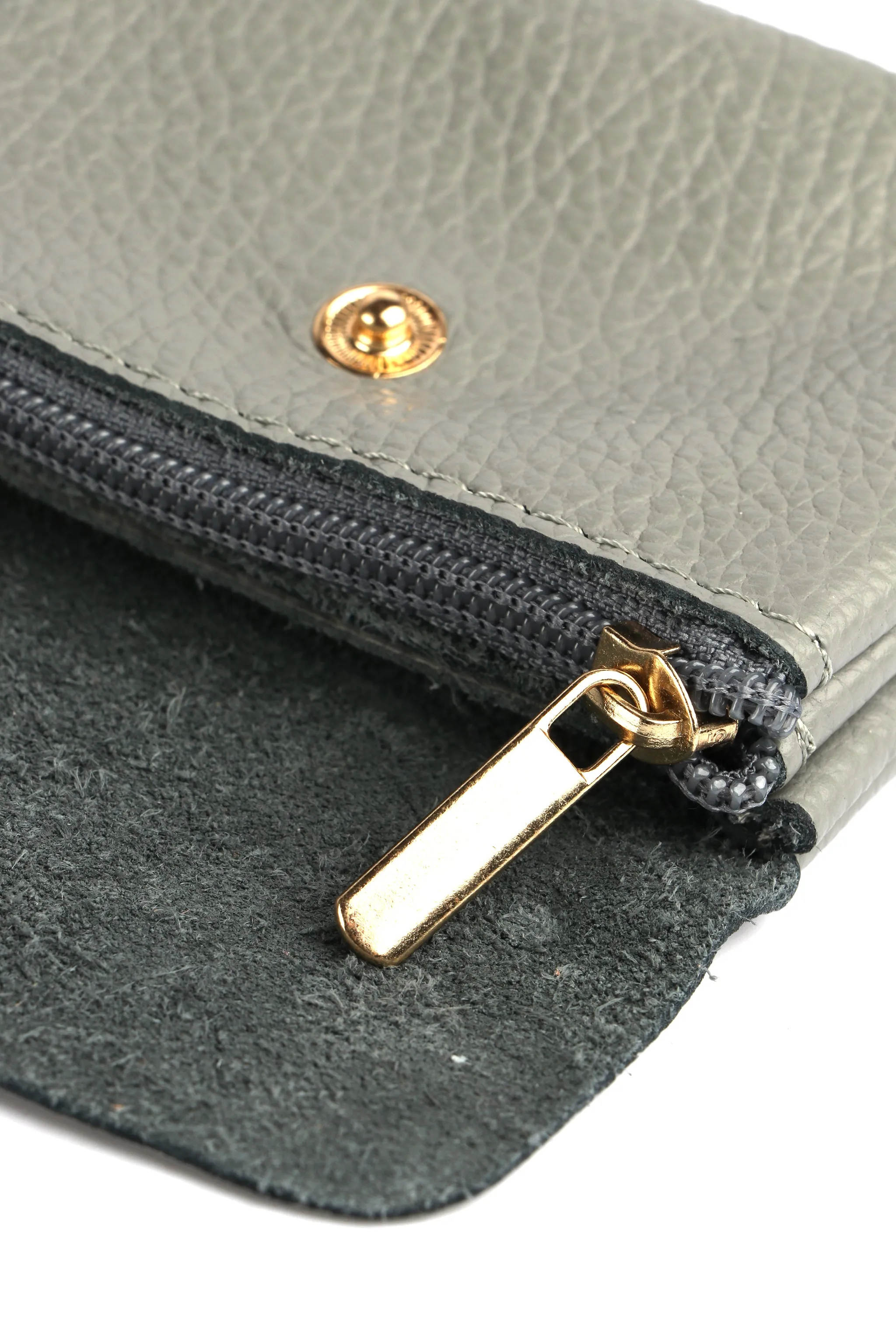 Small Italian Leather Coin Purse with Button Fastening and Internal Zip in Light Grey