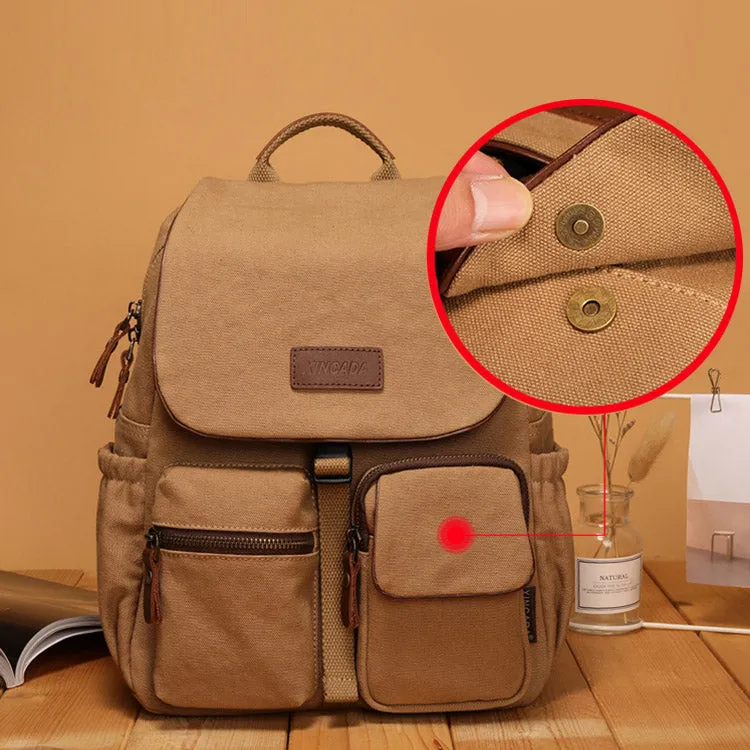 Vintage Women's Canvas And Leather Backpack Purse Rucksack With Pockets For Women