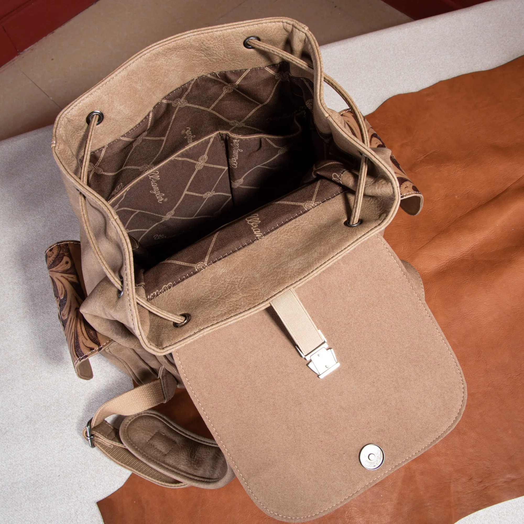 WG12-9110B  Wrangler Vintage Floral Tooled Backpack - Tan