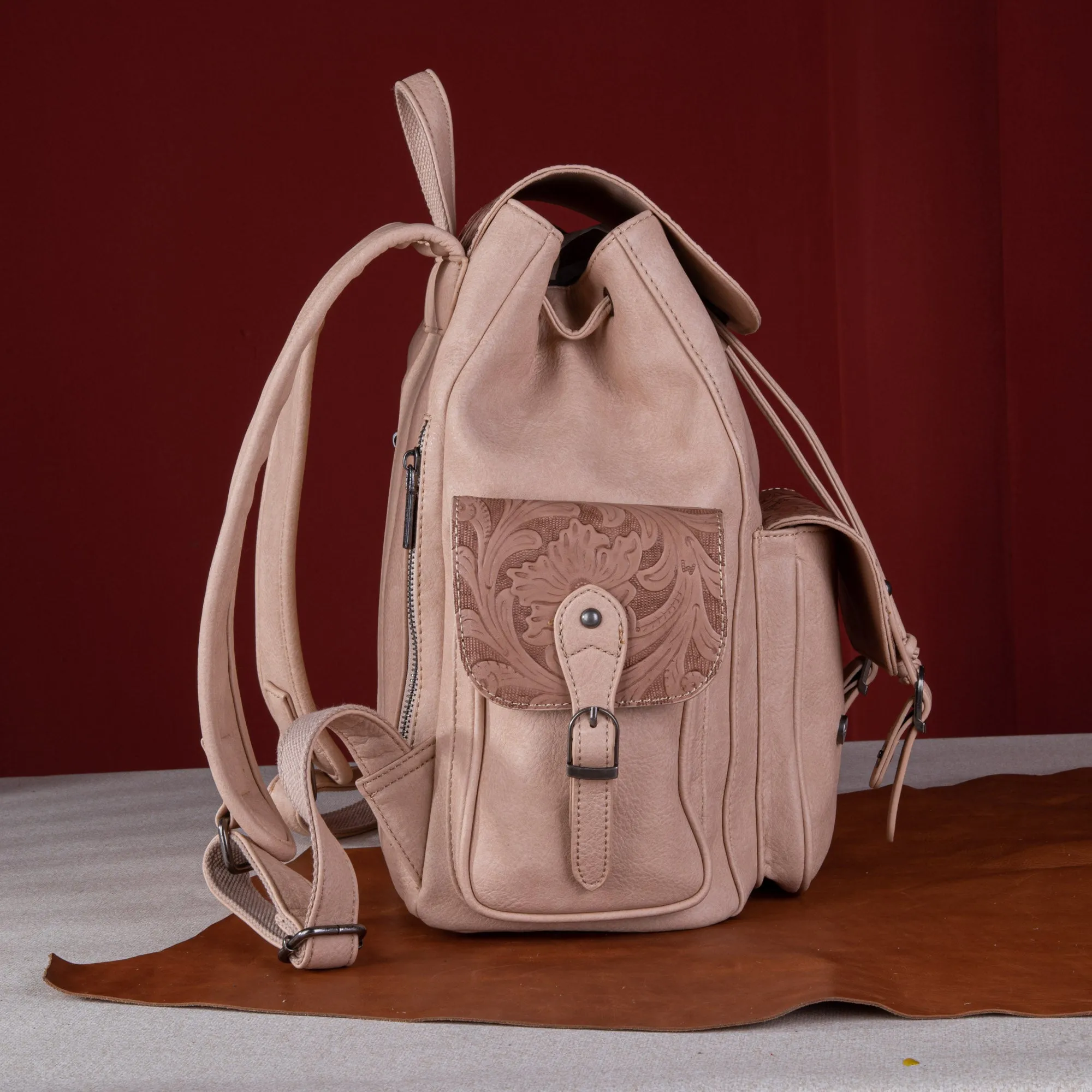 WG12-9110B  Wrangler Vintage Floral Tooled Backpack - Tan