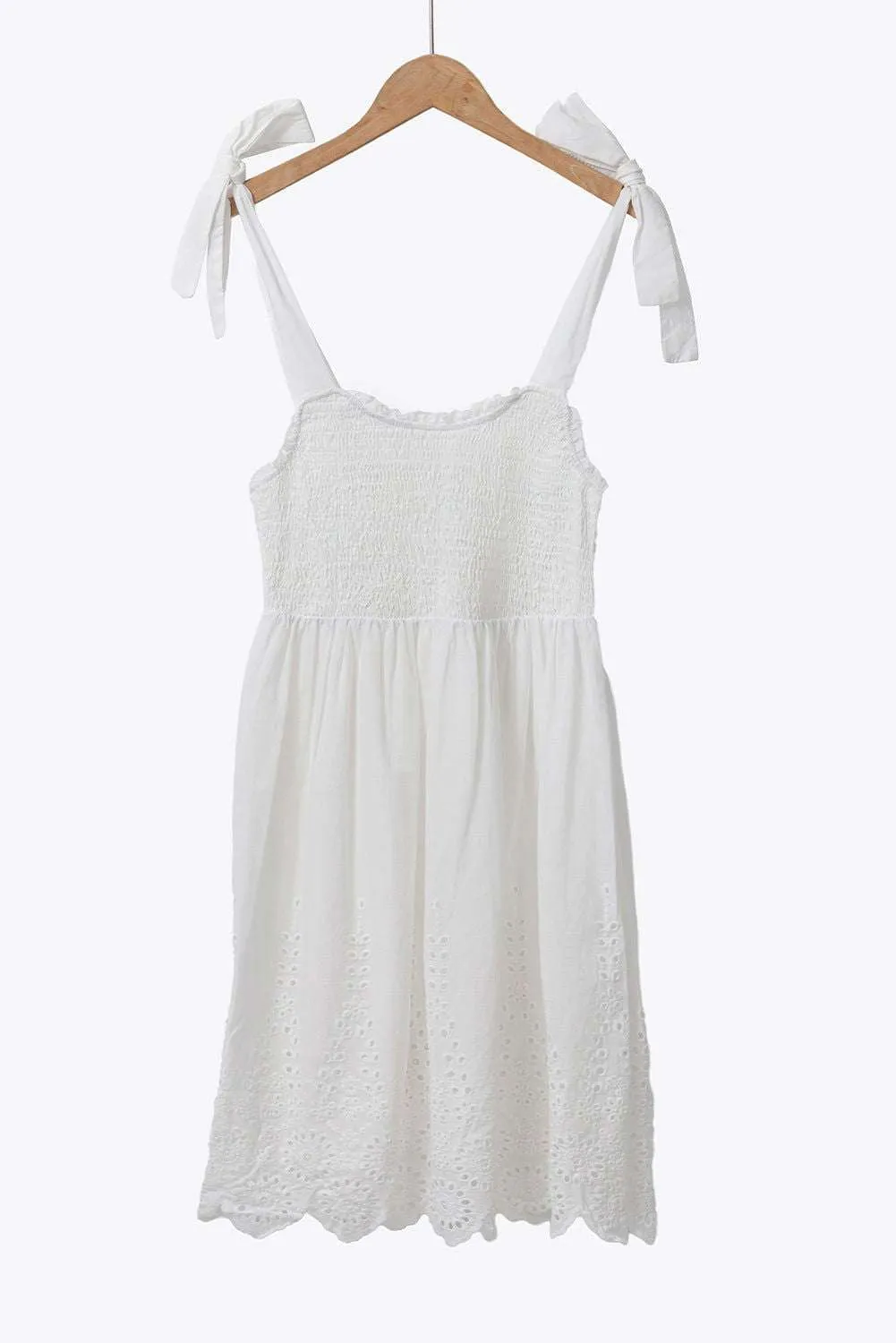 White Adjustable Tie Straps Smocked Mini Dress