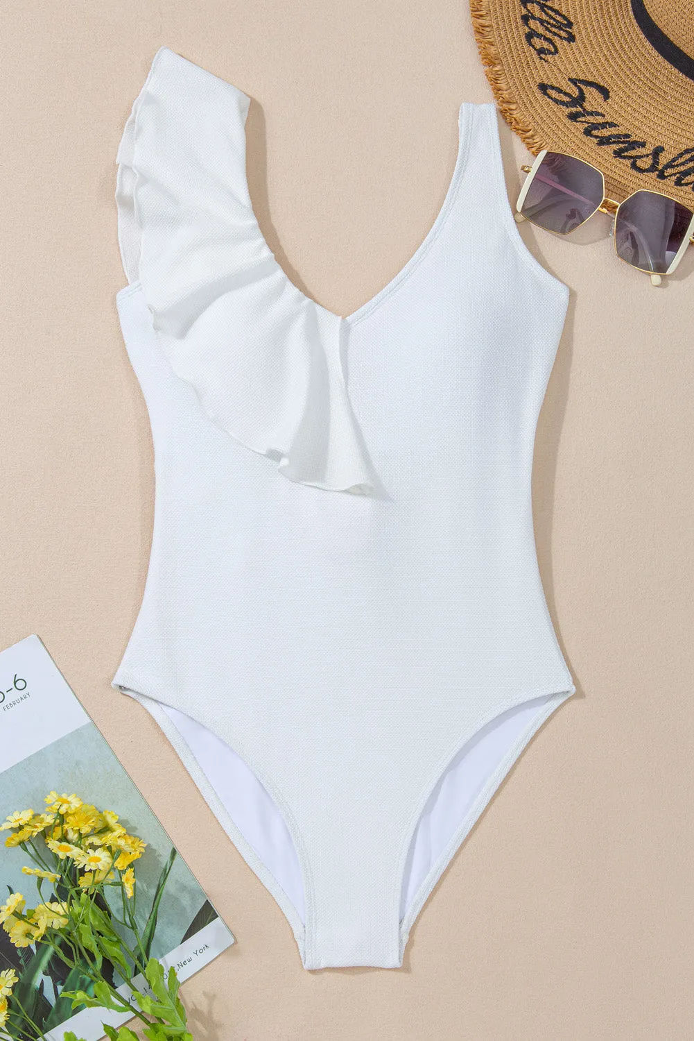 White Asymmetric Ruffle Trim Tie Waist One Piece Swimsuit