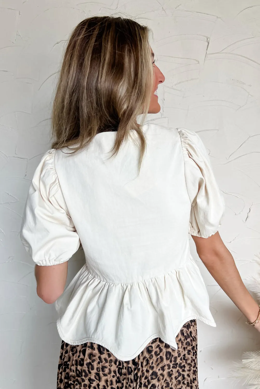 White Bow Knot Decor Square Neck Puff Sleeve Peplum Blouse