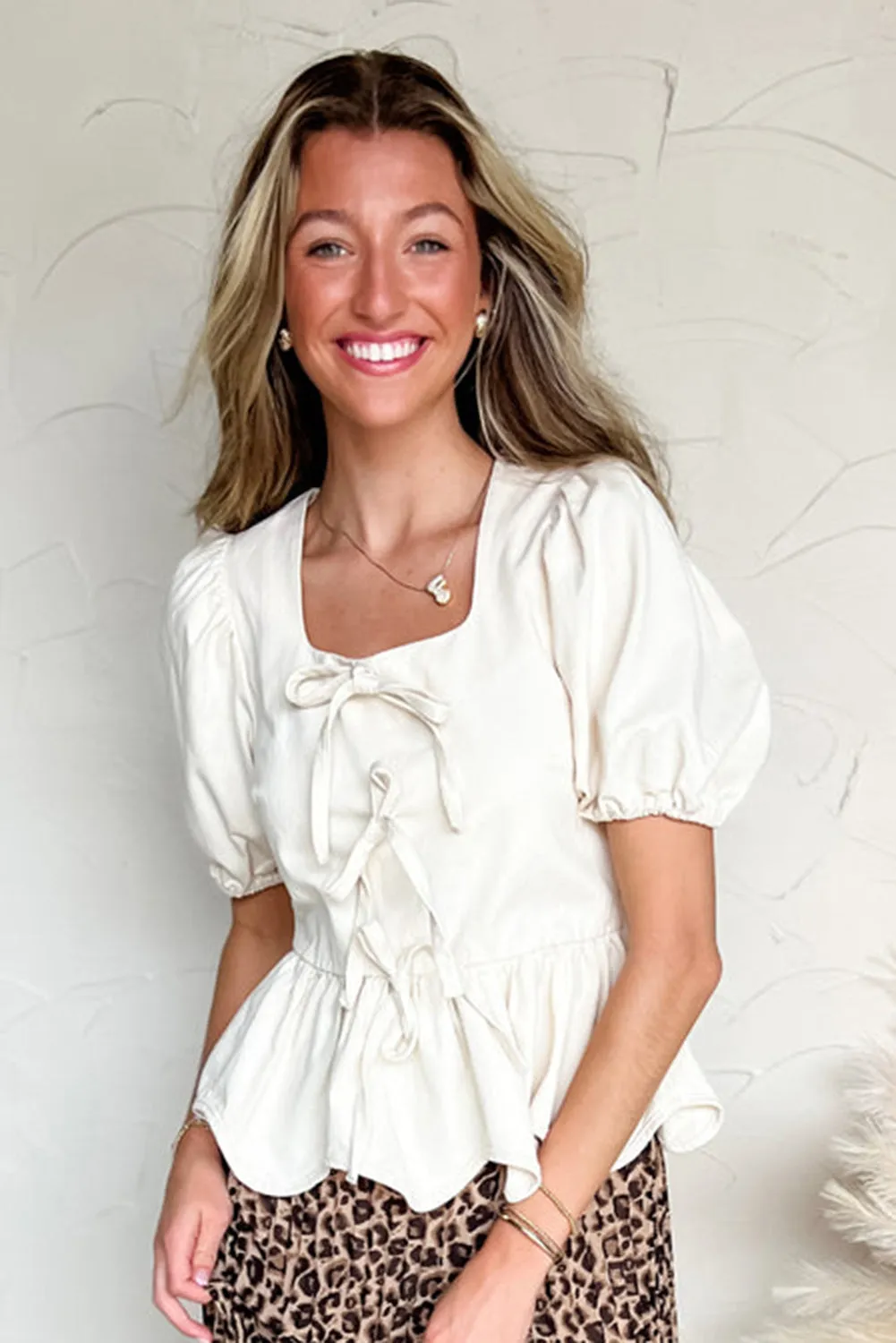 White Bow Knot Decor Square Neck Puff Sleeve Peplum Blouse