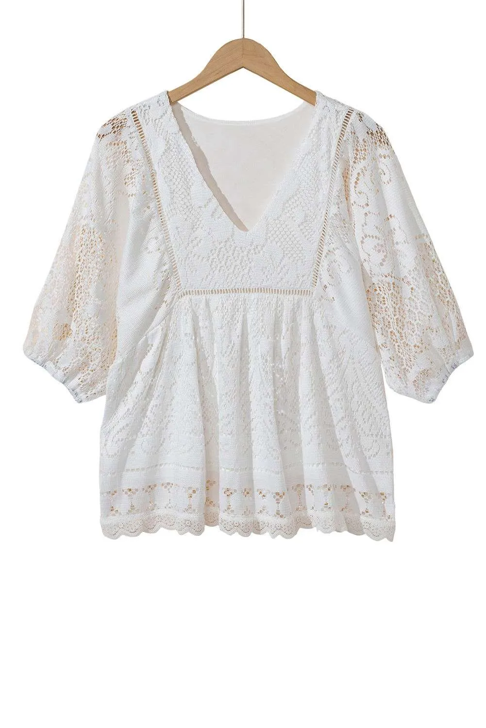 White Lace Crochet Hollowed Scallop Hem V Neck Blouse