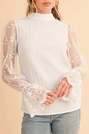 White Textured Contrast Lace Sleeve Mock Neck Blouse