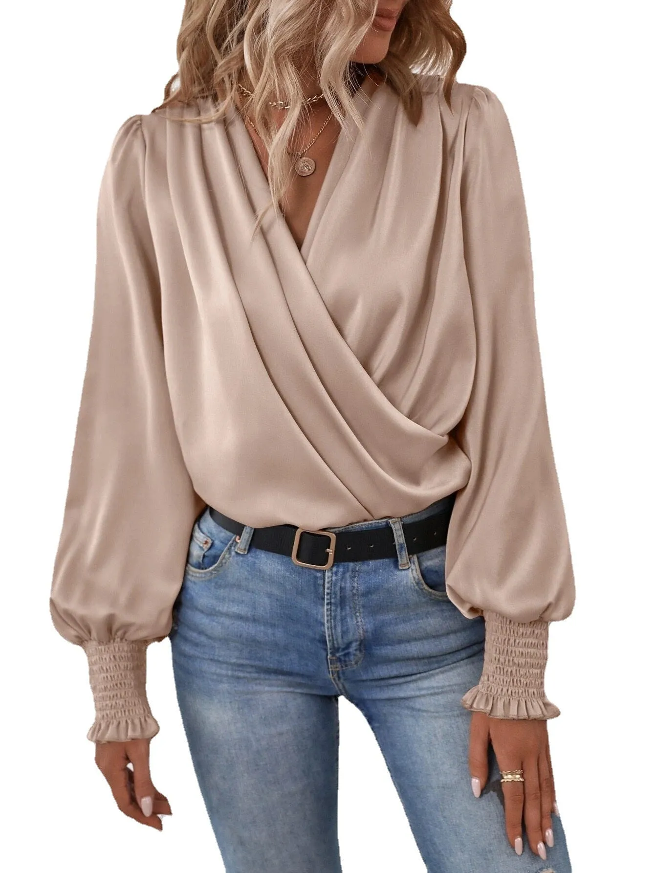 Women's V-neck Lantern Sleeve Elegant Solid Color Shirt